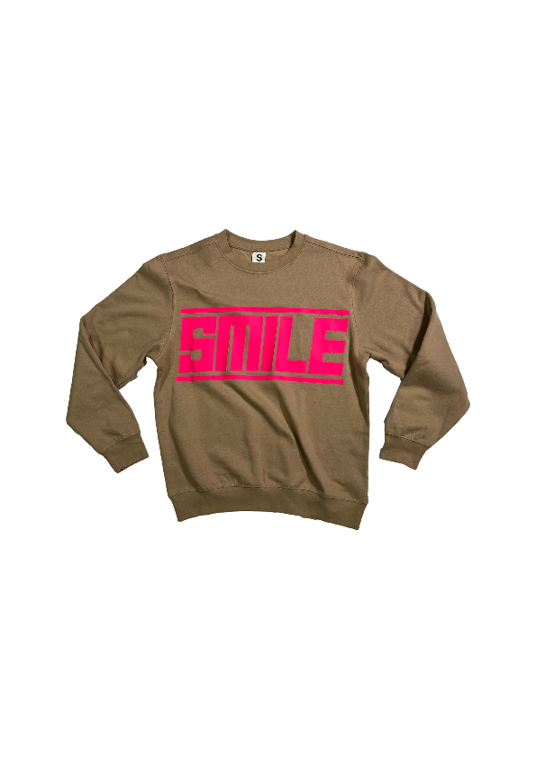 1.SMALL TAN CREWNECK WITH PINK LOGO