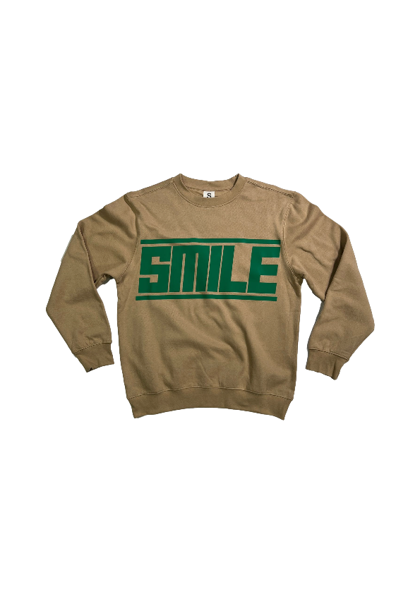 3.LARGE TAN CREWNECK WITH GREEN LOGO