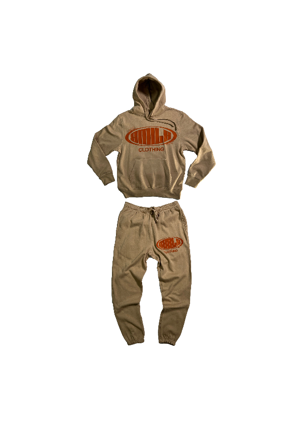 1.SMALL TAN SUIT WITH BURNT ORANGE LOGO