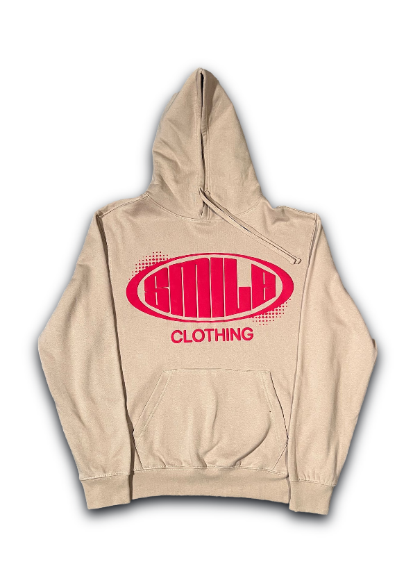SMILE HOODIE TAN WITH RED LOGO