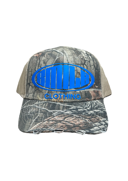 SMILE TRUCKER HAT CAMO/NEON BLUE