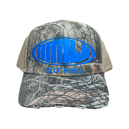 SMILE TRUCKER HAT CAMO/NEON BLUE